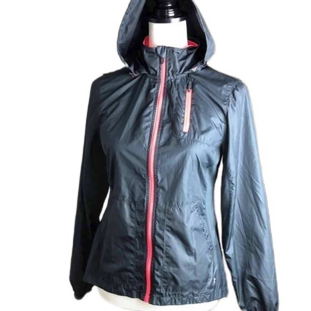 Danskin Now Hooded Windbreaker Jacket Grey Pink Women XS